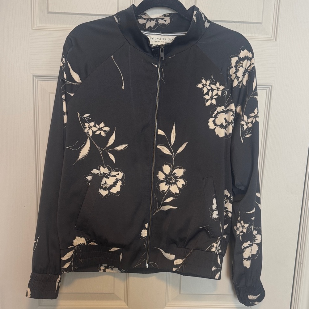 Saltwater LUXE Black and Cream Floral Bomber Jacket